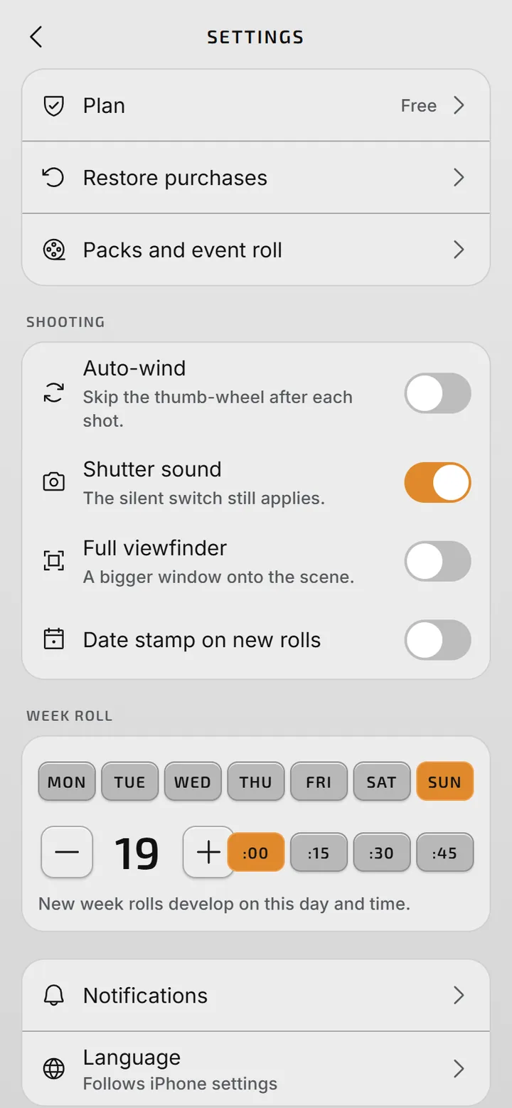 Settings: week-roll schedule and shooting options