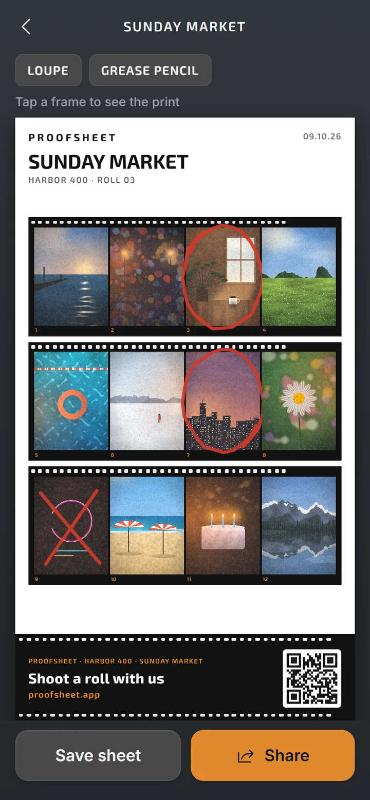 Developed contact sheet with grease-pencil marks